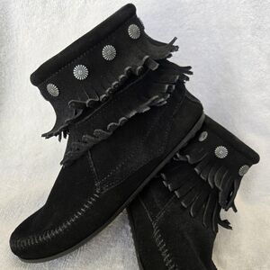 Minnetonka Black Fringe Moccasins